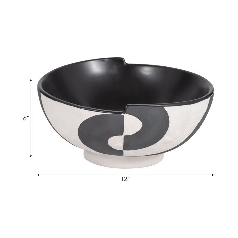 Beckenham Stoneware Bowl Black and White Abstract Design 12 Inch Decorative Modern Home Office Living Room Use