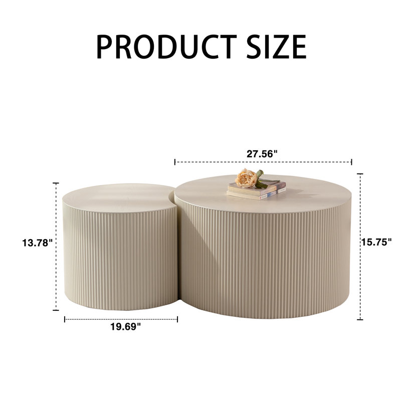 Round Coffee Table Handcrafted Relief Sturdy Pedestal Wooden Olive-Shaped Tea Table For Living Room, Beige Cream