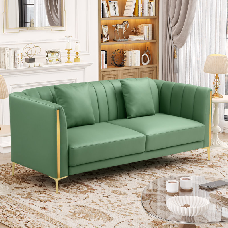 Dreiling 77.6" Faux Leather Tuxedo Arm Sofa, Green Performance Faux Leather
