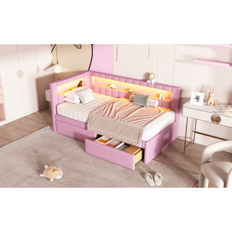 Upholstered Twin Size Platform Bed With USB Ports And LED Belt, With 2 Drawers, Pink
