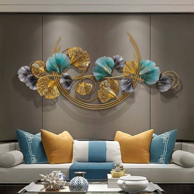 New Chinese Elegant Metal Wall Decor, Curved Golden Frame Stereo Ginkgo Iron Wall Sculpture for Living Room Sofa Wall