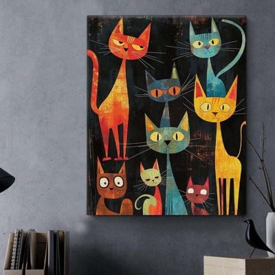 Abstrait chat, art mural sur toile, dessin de chats colorés, affiche encadrée, œuvre d'art pour la maison, salon, chambre à coucher, bureau, décoration murale, 8 po x 10 po