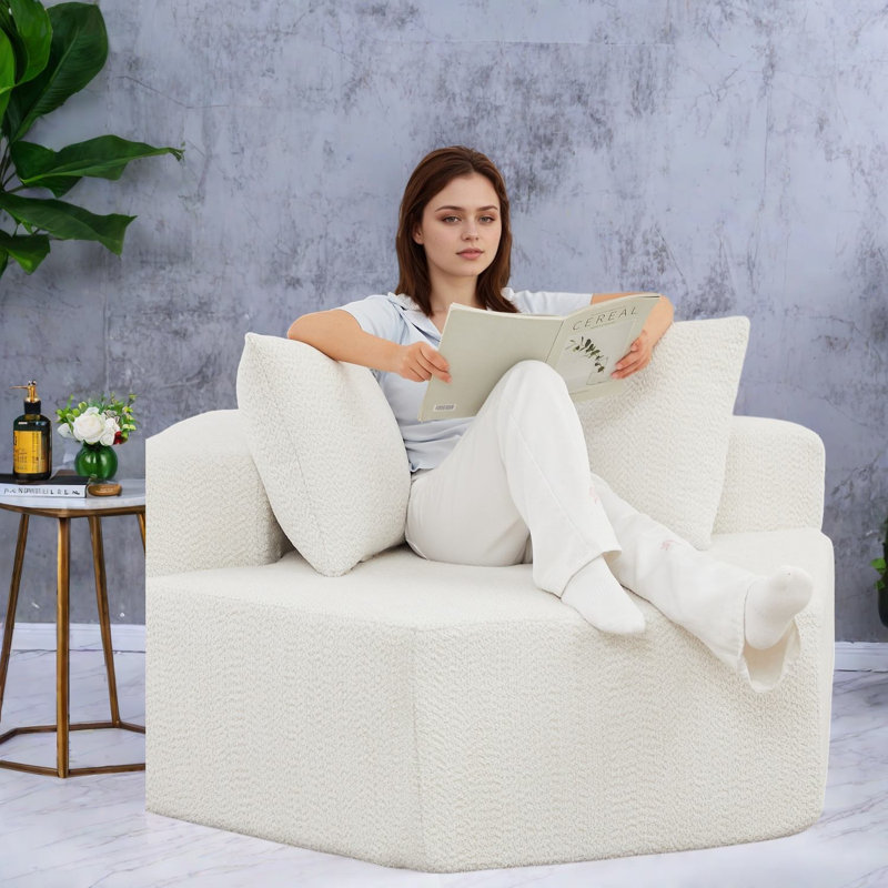 Chaises d'appoint modernes, méridienne hexagonale en chenille beige de 54 pouces, salon