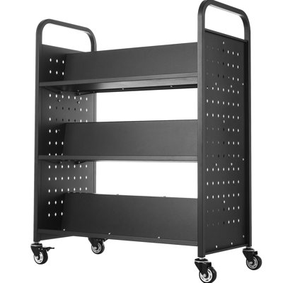 3 - Tier Double Sided W Shaped Shelves Book Cart, Black Color, Side Compartments For A4 Folders, Stable Structure Load Bearing Rolling Cart With Shelves, Suitable And Nighttime Use, Quick Installation