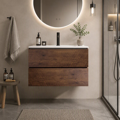 Meuble-lavabo mural de 30 po en noyer avec lavabo en céramique à trou unique, grand meuble-lavabo flottant de rangement pour salle de bain moderne, lavabo une pièce sans drain, pré-assemblé