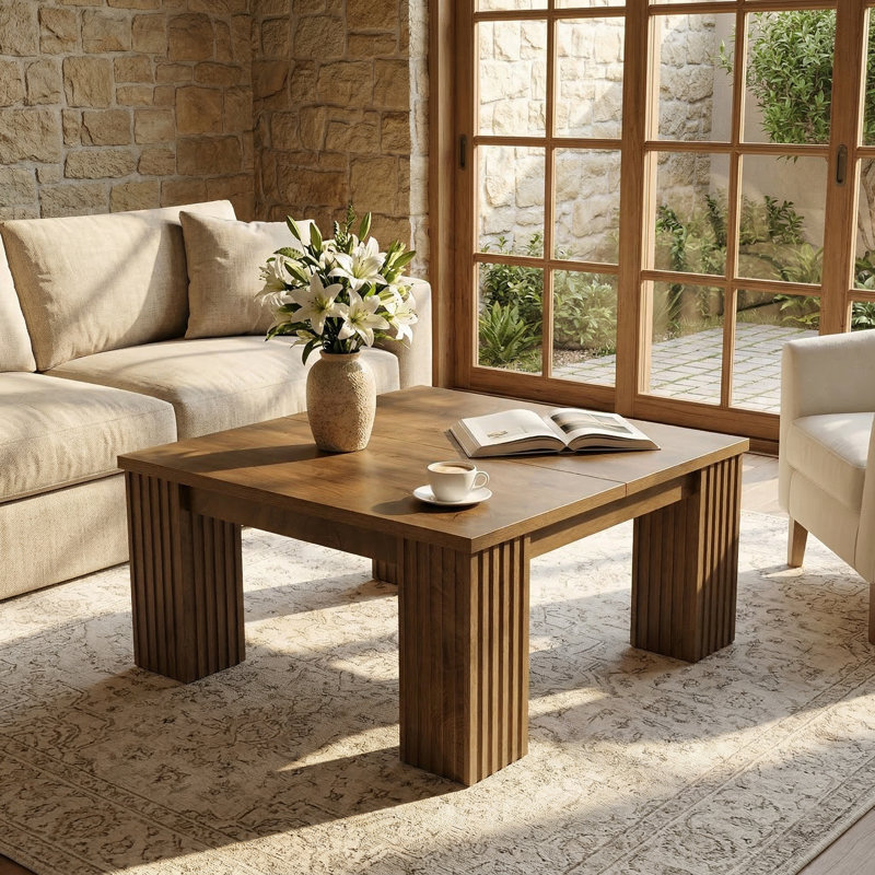 Table basse carrée 39 po avec pieds cannelés, centre de table rustique en bois pour le salon