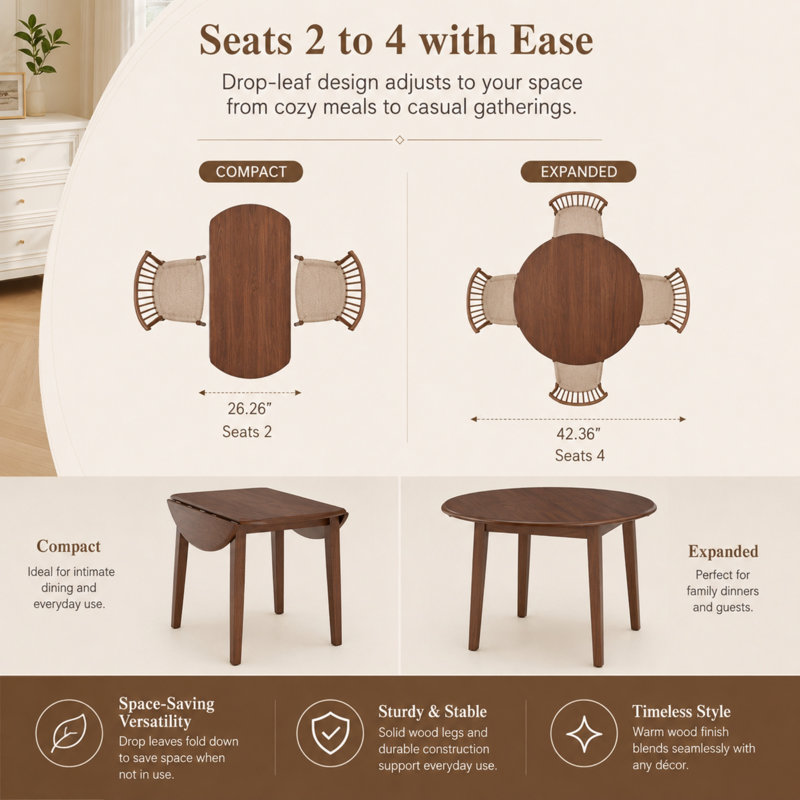 Table de salle à manger ronde extensible KELVIO pour 2 à 4 personnes, table de cuisine pliante en bois peu encombrante avec plateau en MDF et pieds en bois d'hévéa massif