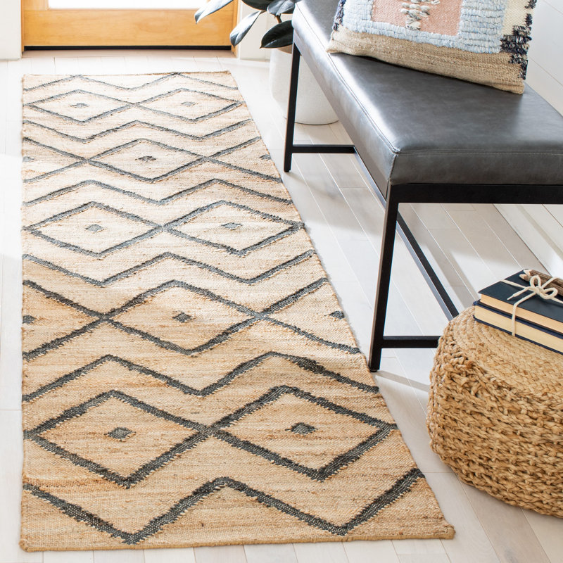 Tapis géométrique en jute tissé à la main Hawes, Tapis de couloir 2 pi 3 po x 13 pi