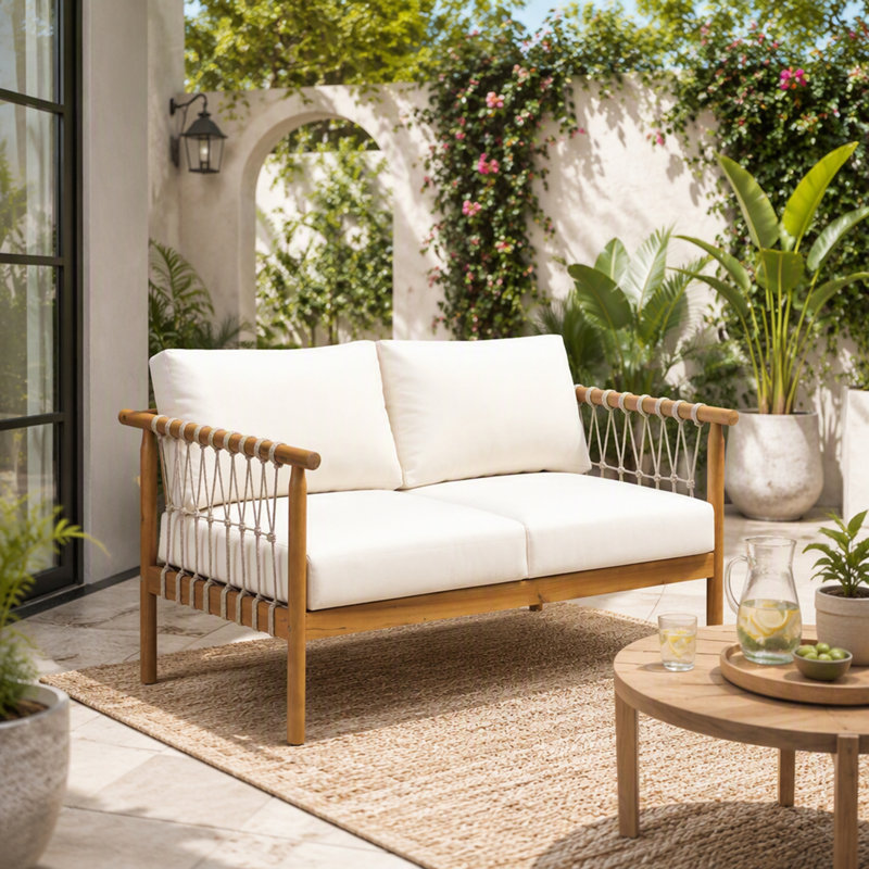 Outdoor Lounge Chair with Cushions, Cream,Teak