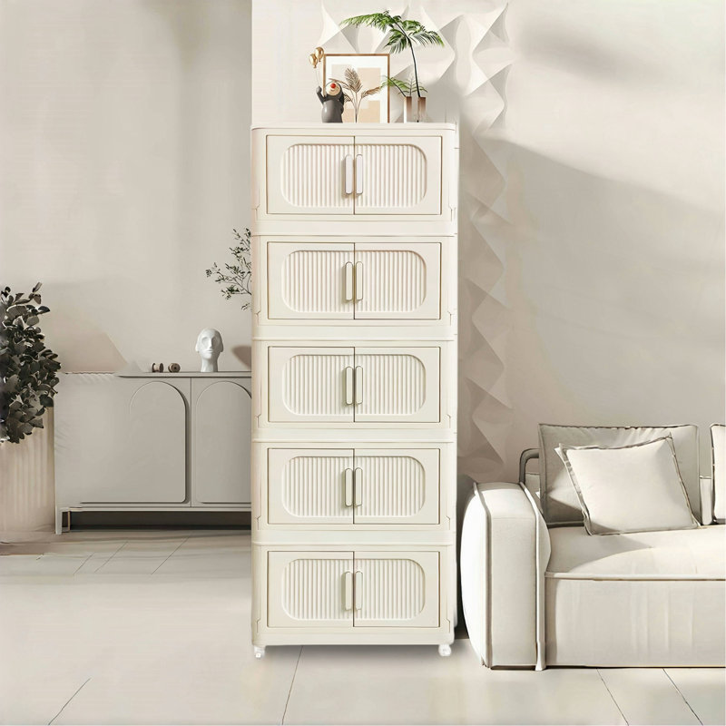 Blanc crème, armoire de rangement pliante latérale large de 19,69 po, 5 niveaux, 19,69 po x 11,81 po x 50,00 po, bacs de rangement pliables avec porte magnétique, armoire de rangement en plastique avec roues