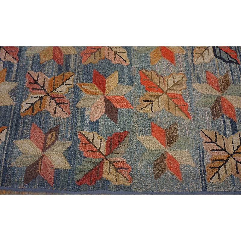 Antique Allover Floral Wool & Cotton Hooked - Loop Pile Blue 1890s Rug