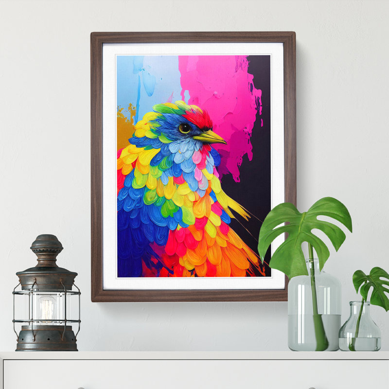 Dripping Paint Bird No.3 Abstract - Single Picture Frame Painting, 64cm H x 46cm W x 2cm D, Walnut