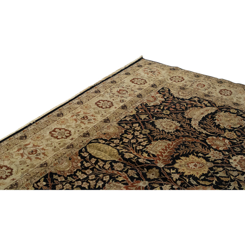 Tapis noir / ivoire en laine noué à la main de conception unique 11 pi 3 po x 16 pi