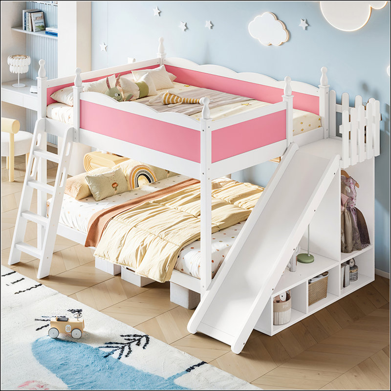 Lit superposé double avec tablettes de rangement, fabrication en bois massif, glissières et échelles, conception à profil bas, rose et blanc