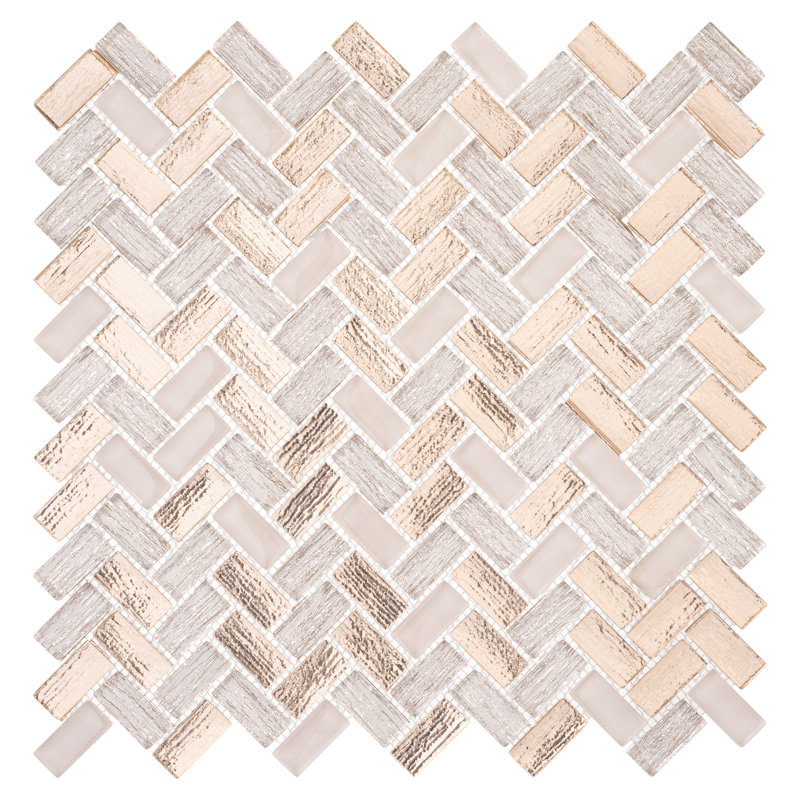 Velmo 0.5-in. x 1-in. Subway Chevron/Herringbone Stone Look Polished Glass Wall & Floor Mosaic Tile, Sandhill