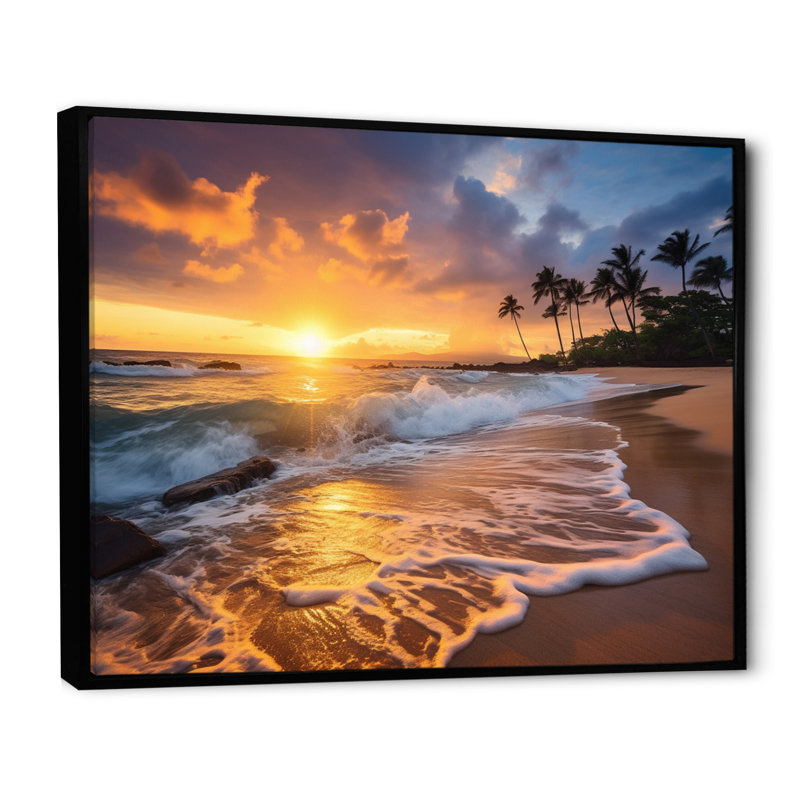 Photo de plage, coucher de soleil, Serenade IX - art mural plage côtière, H 24 po x l 32 po x P 1 po, Cadre flottant noir