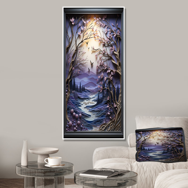«Mauve Winter River Landscape Collage I», art mural paysage d'hiver, Cadre flottant blanc, H 60 po x l 28 po