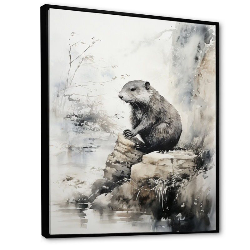 «Asian Art Beaver Sumi V», reproduction d'art, H 32 po x l 16 po x P 1 po, Cadre flottant noir