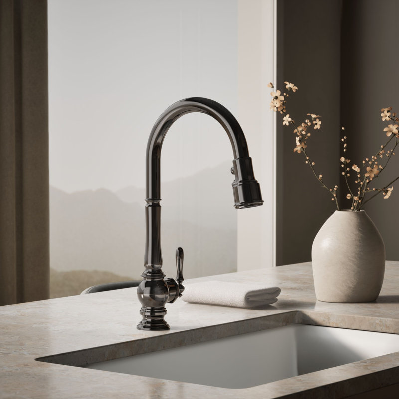 Artifacts Touchless Pull Down Kitchen Sink Faucet with Three-Function Sprayhead, Vibrant Titanium
