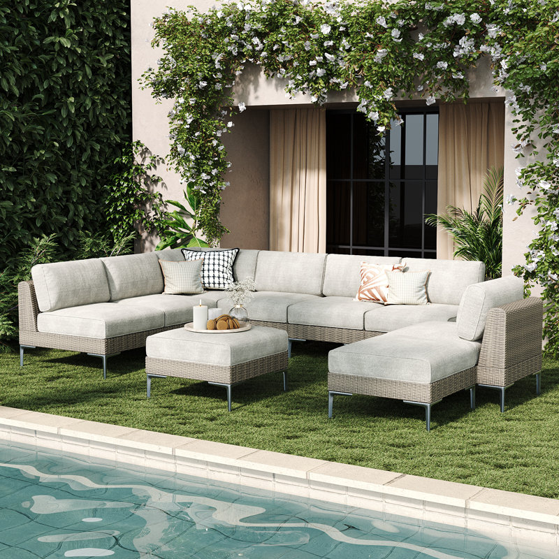  9-piece Wicker Rattan Patio Furniture Set, Deep Seating Outdoor Modular Sectional Sofa Conversation Set With Thick Cushions For Lawn, Garden