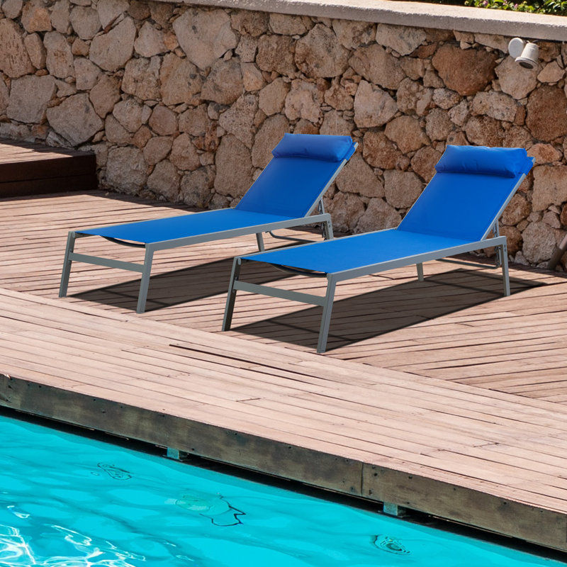 Bozeman Adjustable EDP Coated Wrought Iron Frame Breathable Textilence Chaise Lounge Chair, Blue
