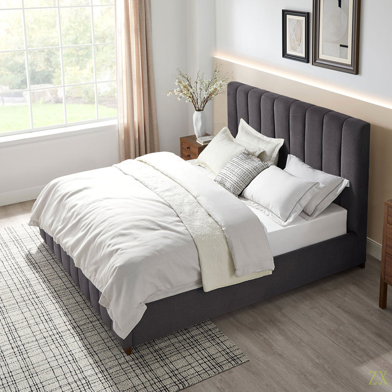 Structure de lit double pleine grandeur de conception moderne avec base de lit tapissier et tête de lit avec tête de lit en tissu et lattes de bois, sommier non requis