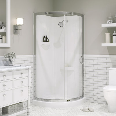 Ensemble de douche de coin ronde en chrome L 35 po x l 35 po x H 76,18 po Breeze, porte coulissante transparente, murs et poêle