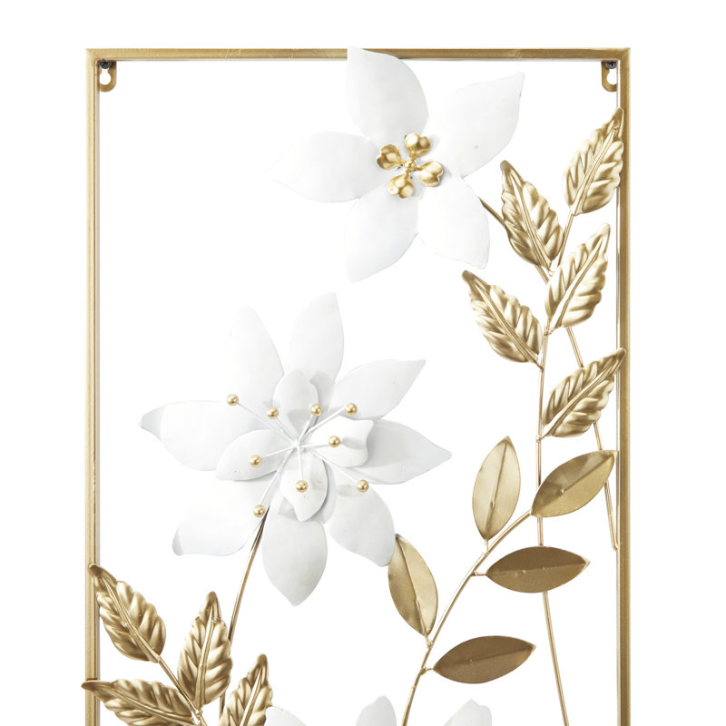 Metal Floral Home Wall Decor with Gold Frame