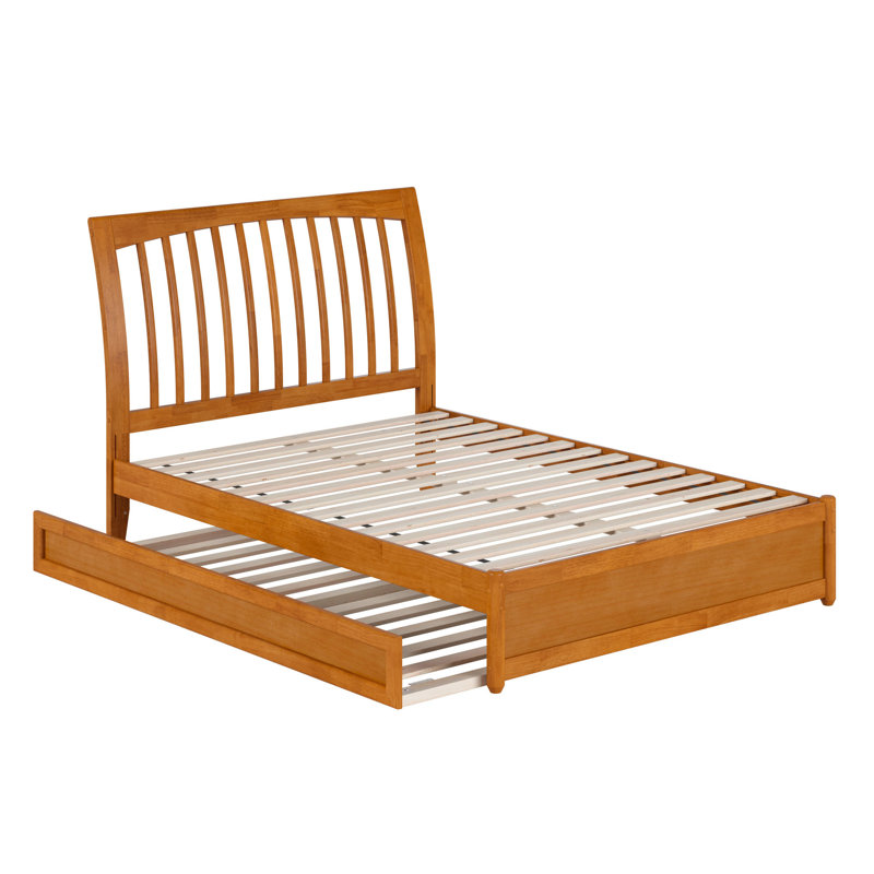 Lit plateforme Imarion avec pied de lit à panneau et lit gigogne, Caramel clair, Double
