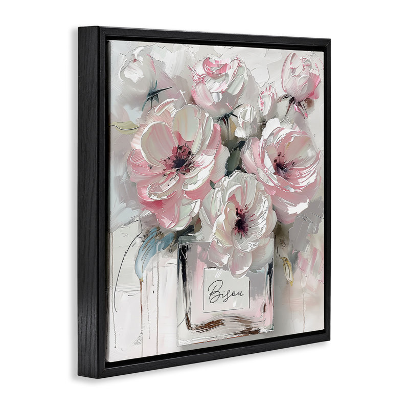 «Subtle Pink Bouquet», art par Annabelle Hall, H 25 po x l 25 po, Cadre flottant noir de jais