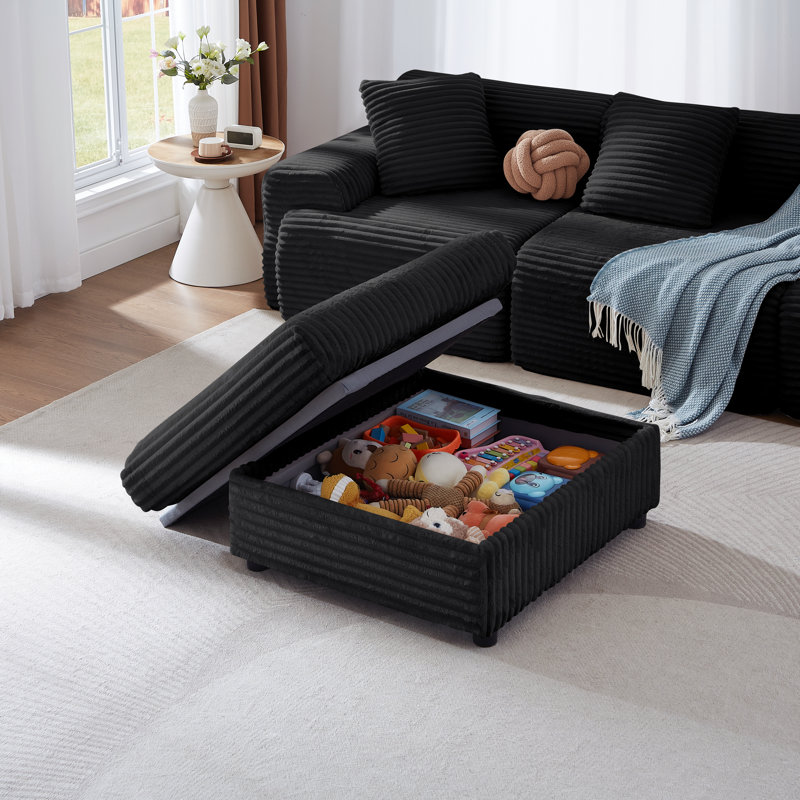 Corduroy Storage Ottoman Bench, 35.25 Inch Wide Footstool for Living Room in Black, Black