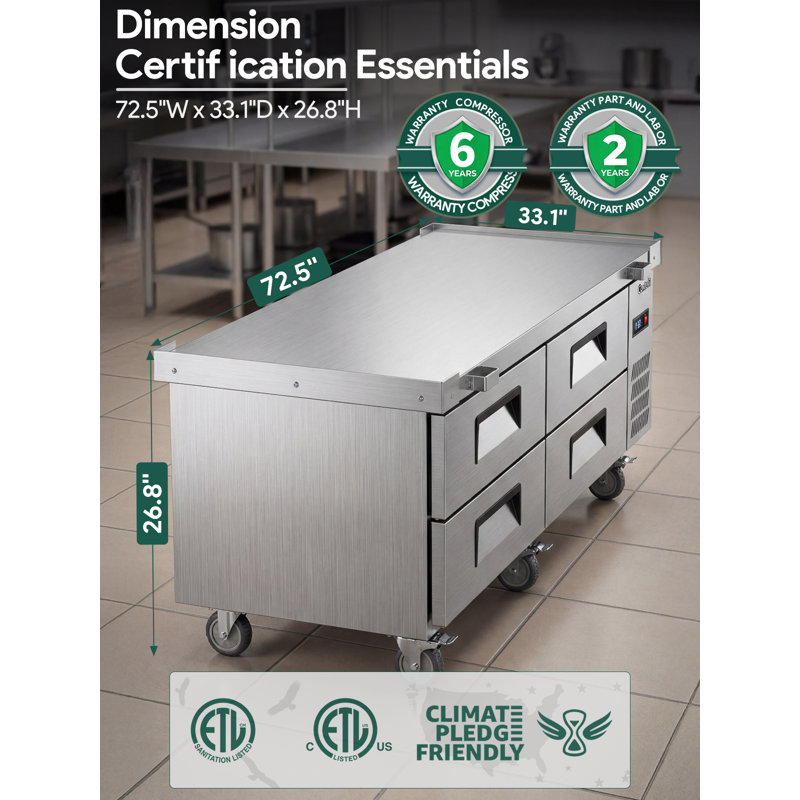 72" 5.71 Cu. Ft. Commercial Chef Base Refrigerator with 4 Drawers - Stainless Steel