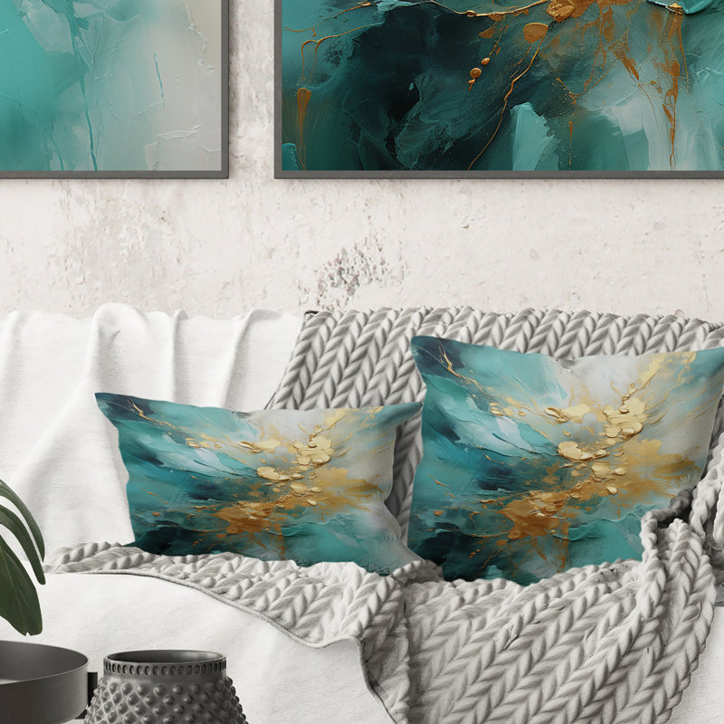 Coussin décoratif doré et sarcelle Aurora Harmony II - Abstract Spirals, Rectangle H 12 po x l 20 po