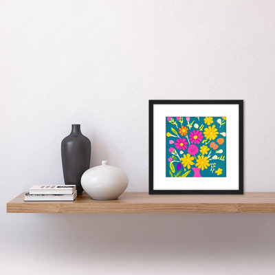 Bouquet Pink Yellow Daisy Flowers on Blue 1 Piece Single Picture Frame Wall Art
