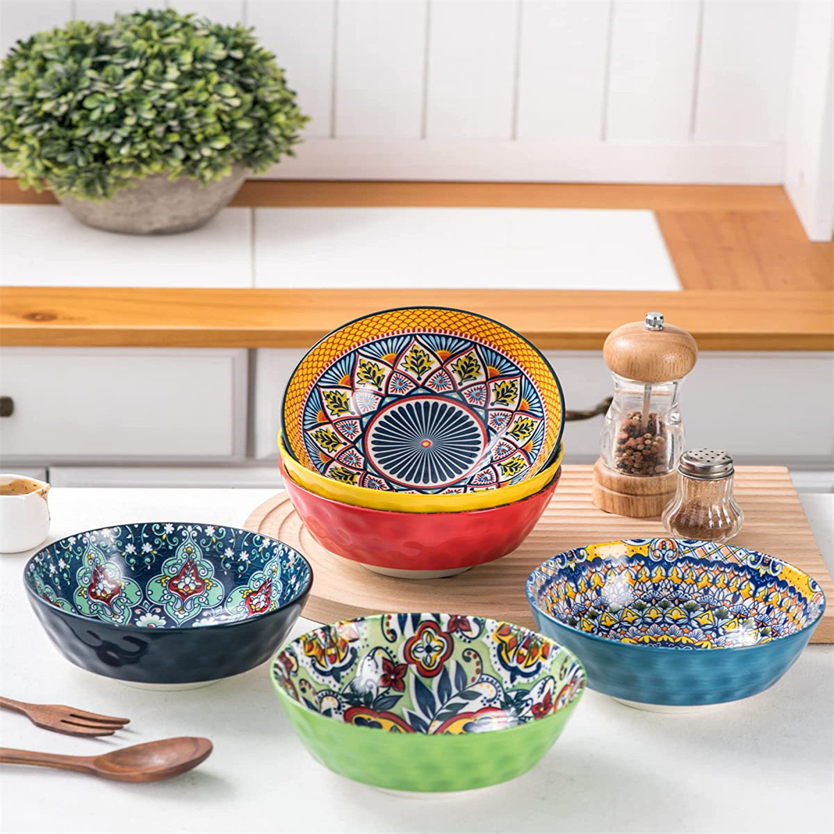 Ceramic Cereal, Soup Bowls Set of 6-25 Oz Deep Colorful Porcelain Serving  Bowls