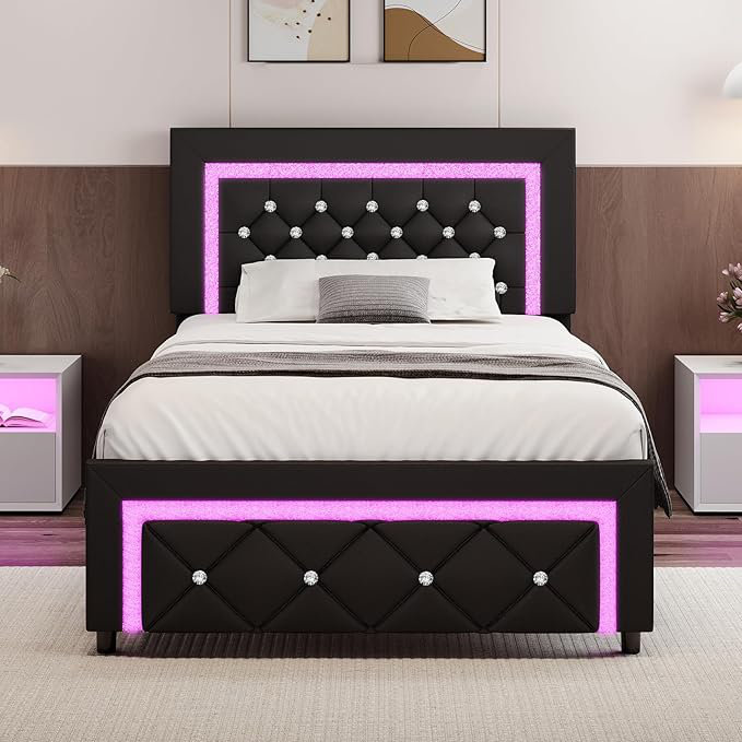 Alber Upholstered Platform Bed Frame with LED Lights,with Diamond Tufted No Box Spring Needed, Black, Twin