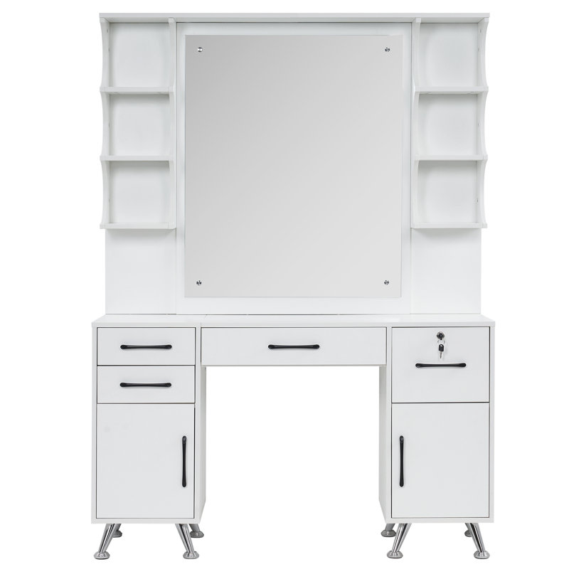 White Modern Vanity Table Set with Mirror and Storage