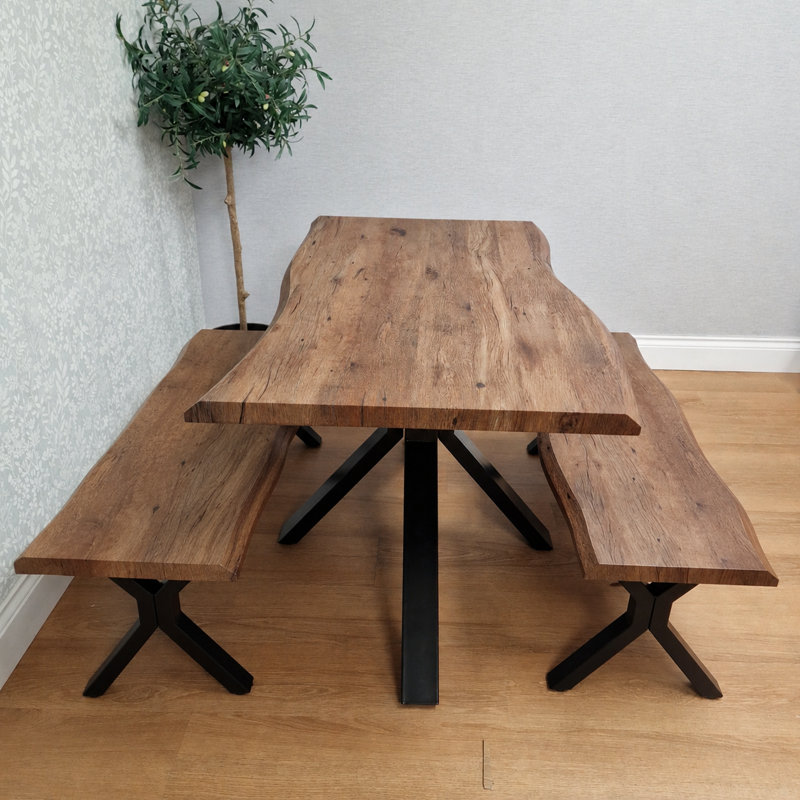 Rustic Brown Wooden Dining Set with Table with 2 Benches, 75cm H x 80cm W x 117cm D
