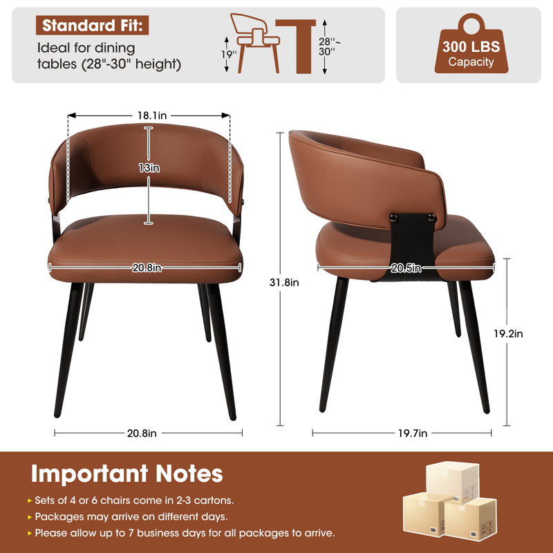 Modern Faux Leather Waterproof Upholstered Dining Chairs Set of 6 with Metal Legs, Mid-Century Kitchen Side Chairs, 6, Brown