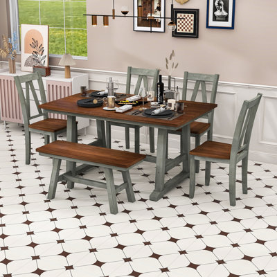 Ensemble de salle à manger 6 pièces avec table rectangulaire, 4 chaises en bois et banc assorti