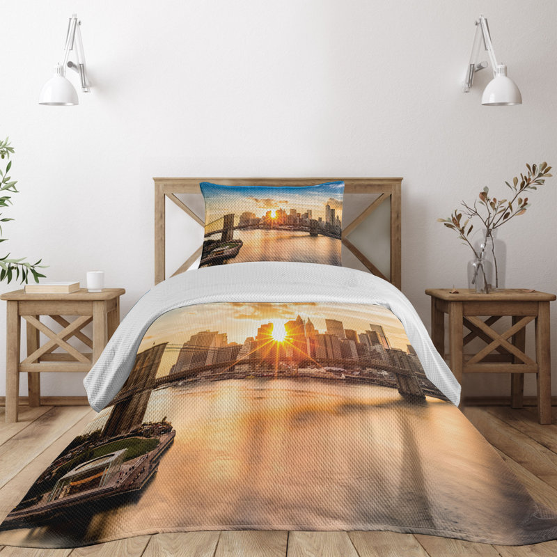 King Size White Microfiber Quilted Bedspread Set with Cityscape Design