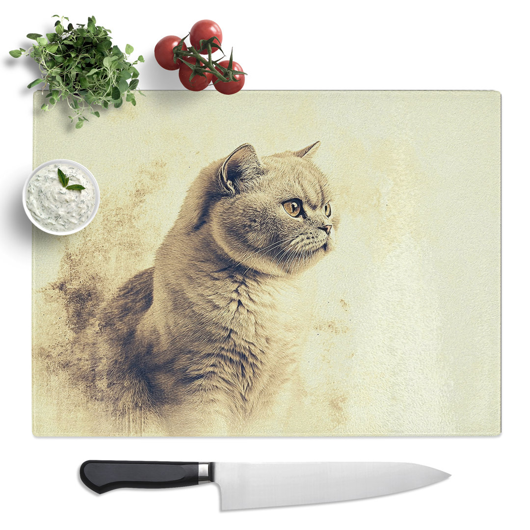 Scottish Fold Cat Illustrated  Glass Chopping Board