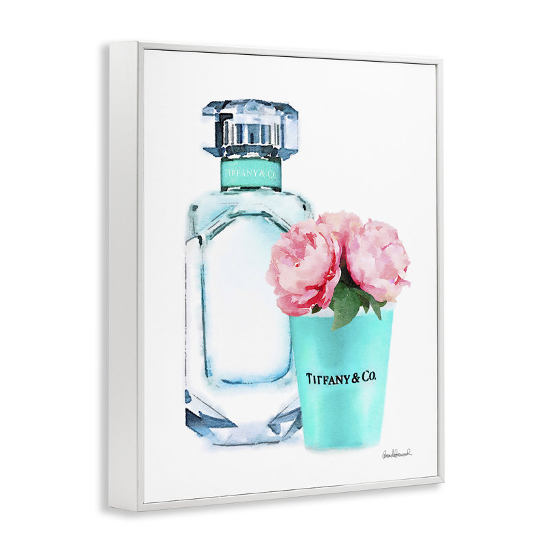 «Perfume Bottle and Peony» - Impression d'art graphique, Giclée encadrée blanc bord de mer, H 14 po x l 11 po