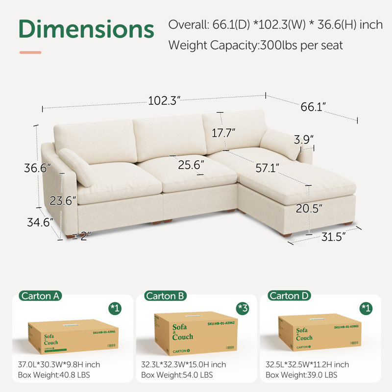 Abramson L-shaped Modular Sectional Upholstered Cloud Sofa, White Chenille