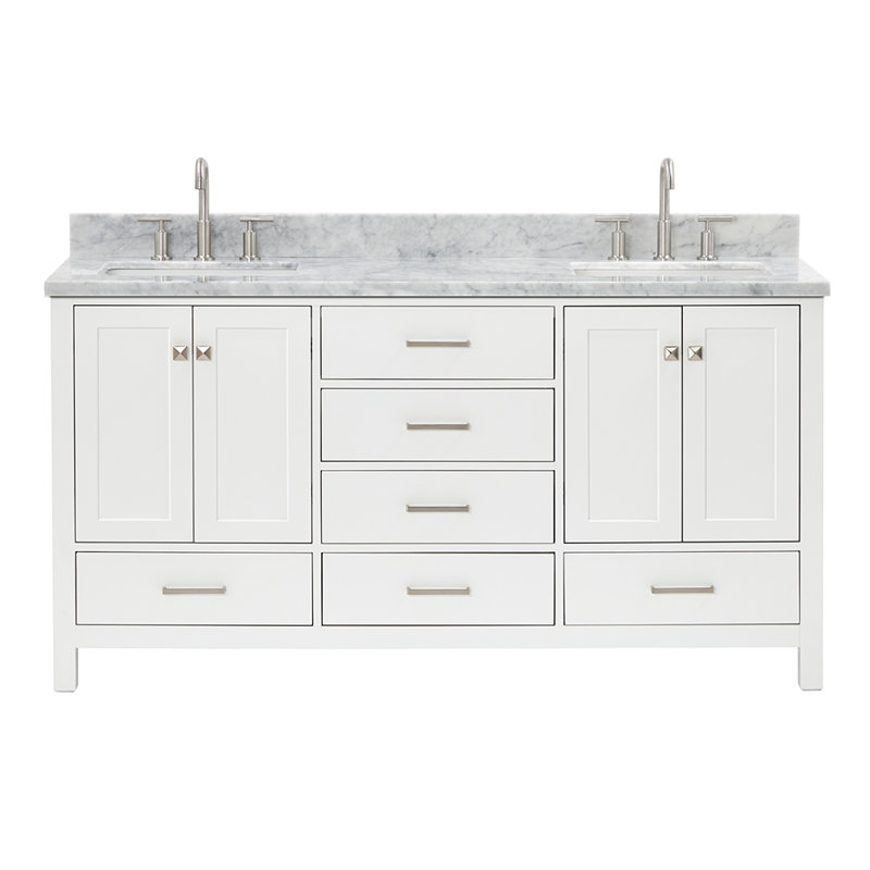 Meuble-lavabo double autoportant 67 po avec plateau en marbre Flynt, Blanc, Rectangle, 67" W