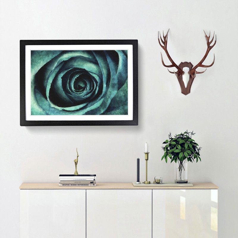 A Teal Rose - Picture Frame Painting Print, 48cm H x 65cm W x 2cm D, Black Framed