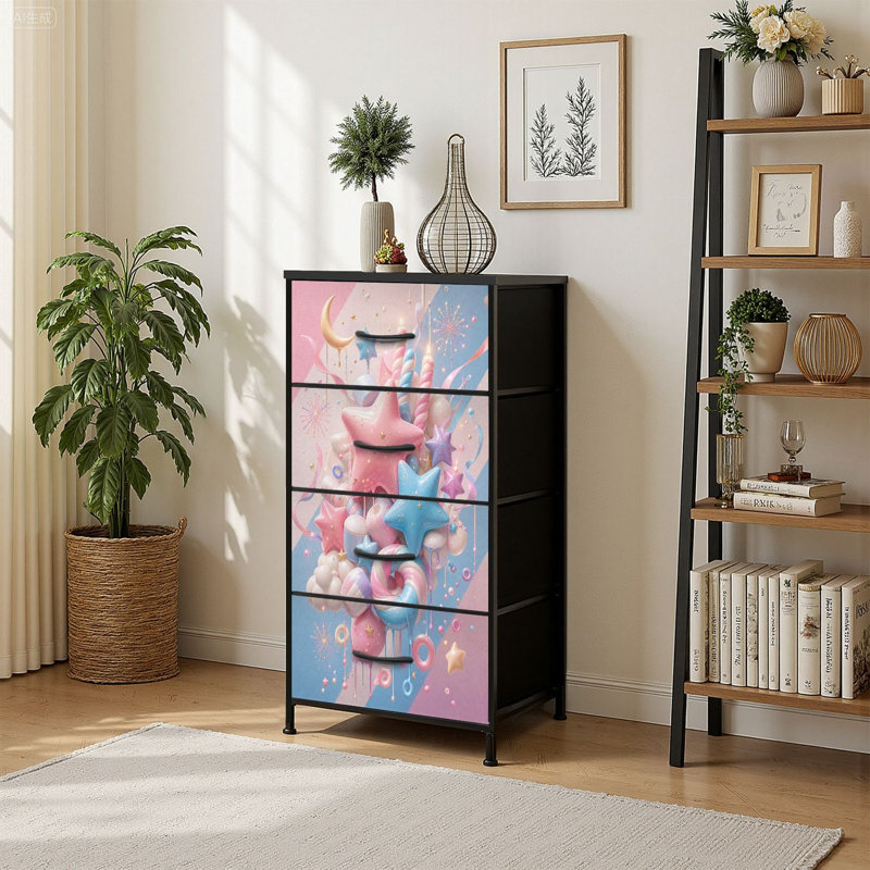 4 Drawer Vertical Storage Dresser Pastel Candy Star Fantasy Pink Blue Sweet Treats Sparkles Whimsical 3D with Wood Top Fabric Pull Drawers