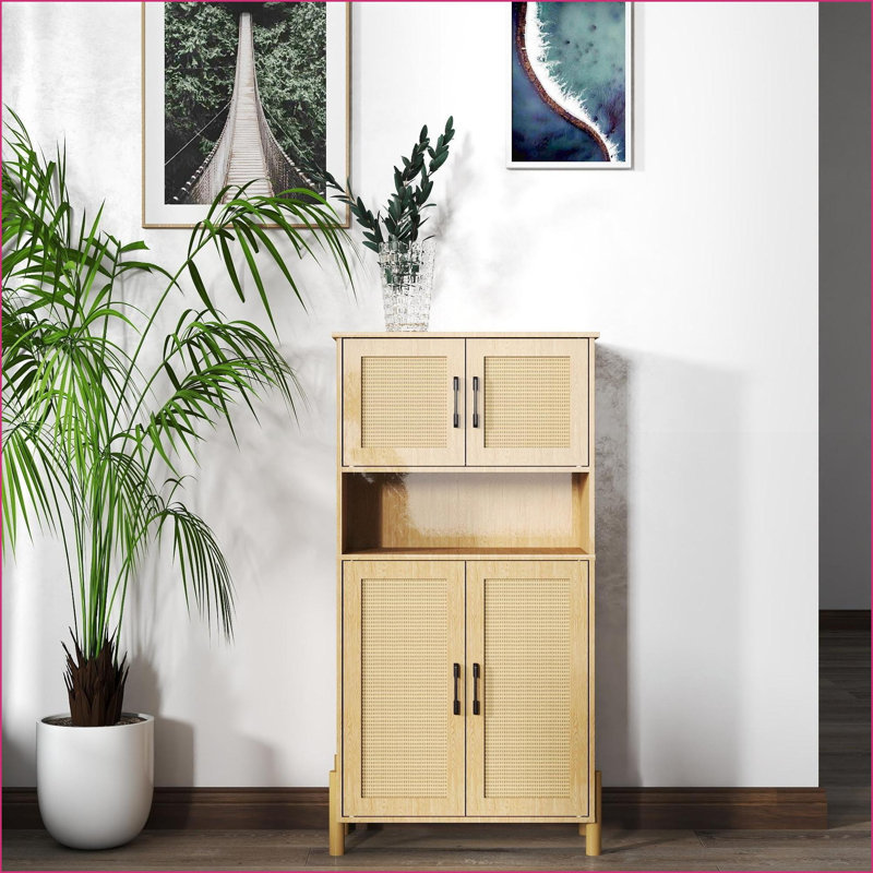 Armoires avec 4 portes en rotin tissé et amp; Tablettes réglables - Mid-Century | Beige | Panneau de particules