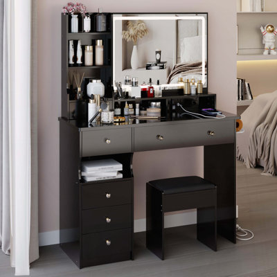 Large 41-Inch Vanity Desk with LED Mirror and Power Station