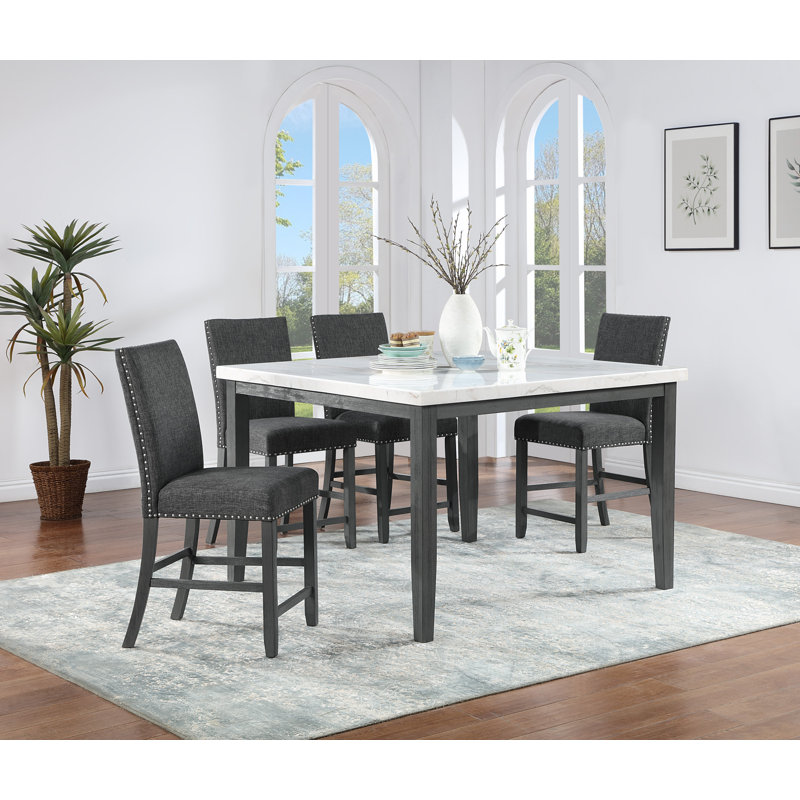 Ensemble de salle à manger moderne en marbre carré L 54 po x l 54 po, 5 pièces: table, 4 chaises